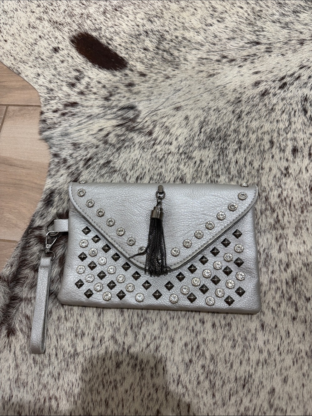 SHEIN Silver Studded Envelope Clutch with Black Tassel